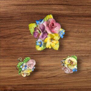 Vintage Floral Porcelain Brooch & Earrings Set Multicolor Hand-Painted England